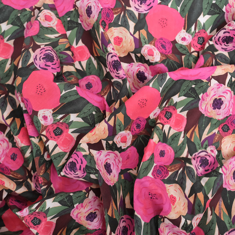 Popeline de Coton Imprimé Fleuri Rose Romantique - Maison Klem